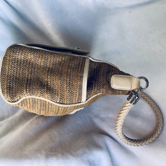 BRIGHTON Cream & Tan Raffia Wicker Genuine Leather Shoulder Bag Tote Purse - Picture 13 of 14